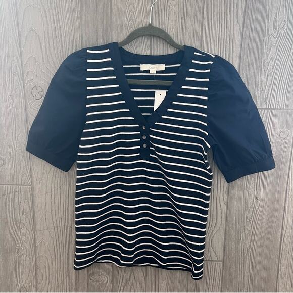LOFT NWT Striped Henley Mixed Media Top - Picture 2 of 6